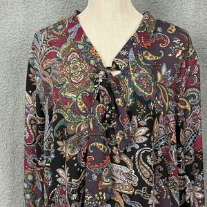 Cha Cha Vente Colorful Paisley Top Blouse Bow Tie Women 1X Long Sleeve Hi-Lo Hem